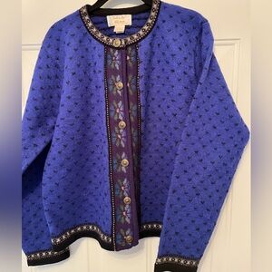 Tally-Ho Vtg. Cardigan Blue and Black Sweater Nordic/Alpine Style Wool Sz L /XL